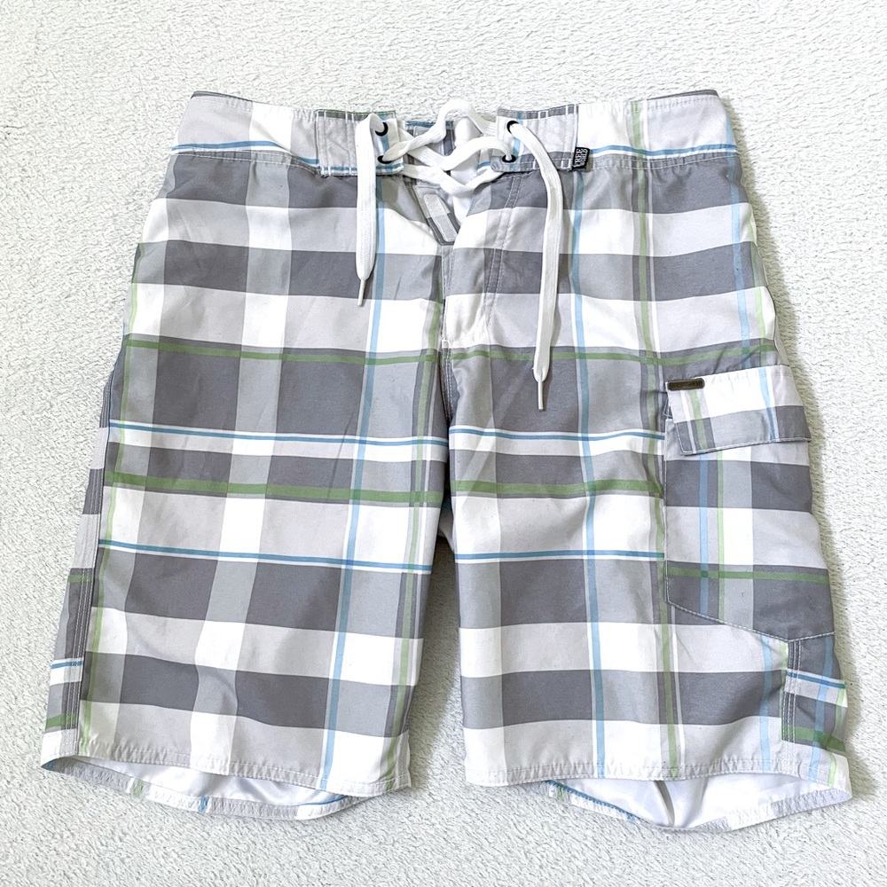 Free World Men’s Swim Suite Trunks White Grey Stripe Size Small No Tag